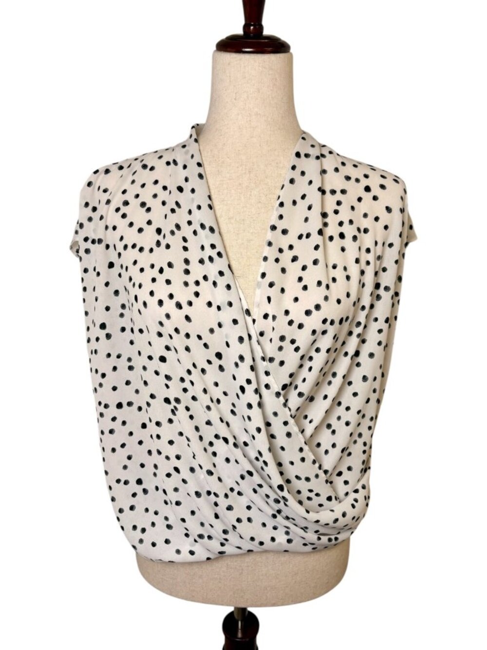 Beacon Apparel White Black Polka Dot Surplice Blouse Size Medium